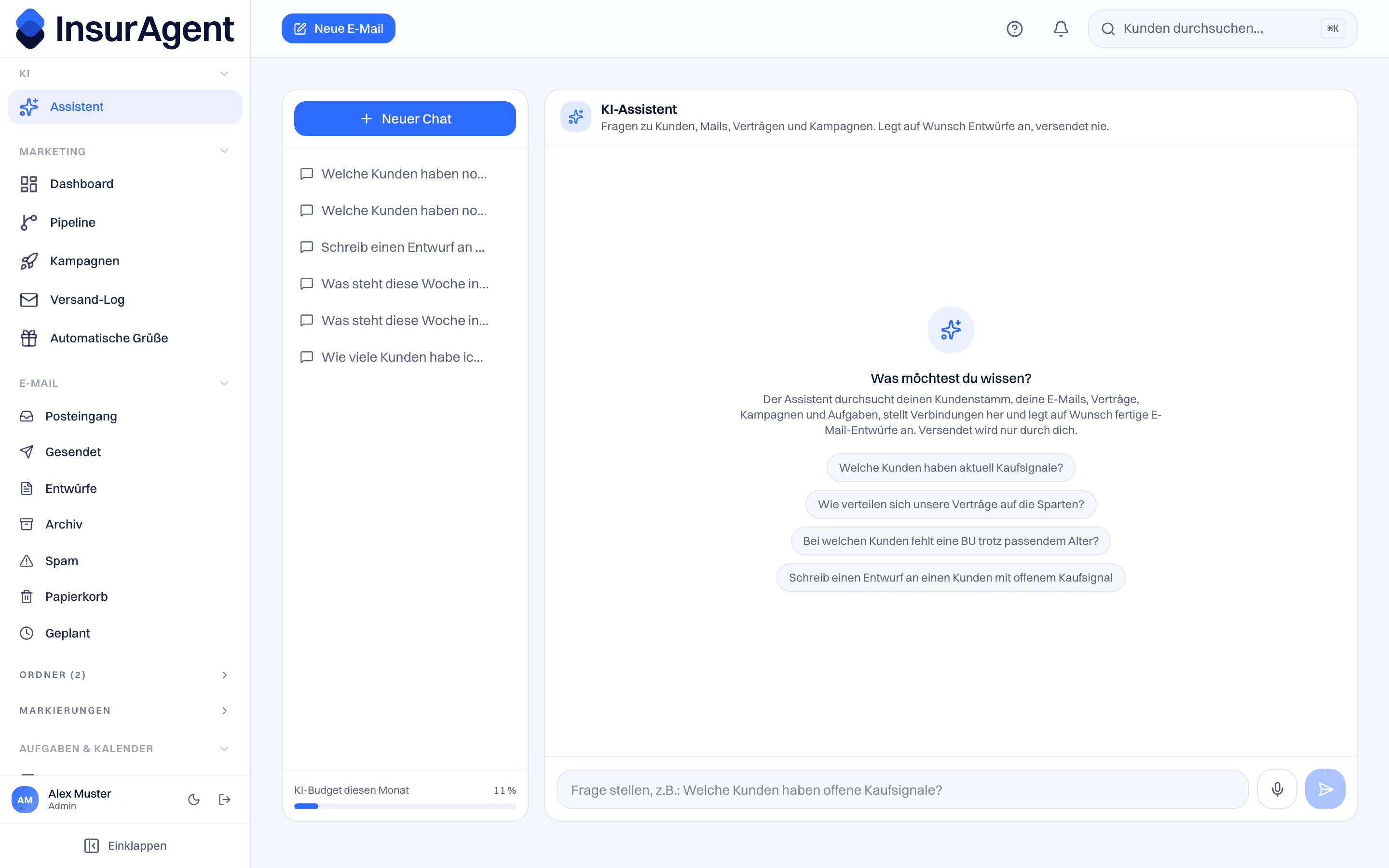 KI-Assistent mit beantworteter Bestandsfrage und angelegtem E-Mail-Entwurf