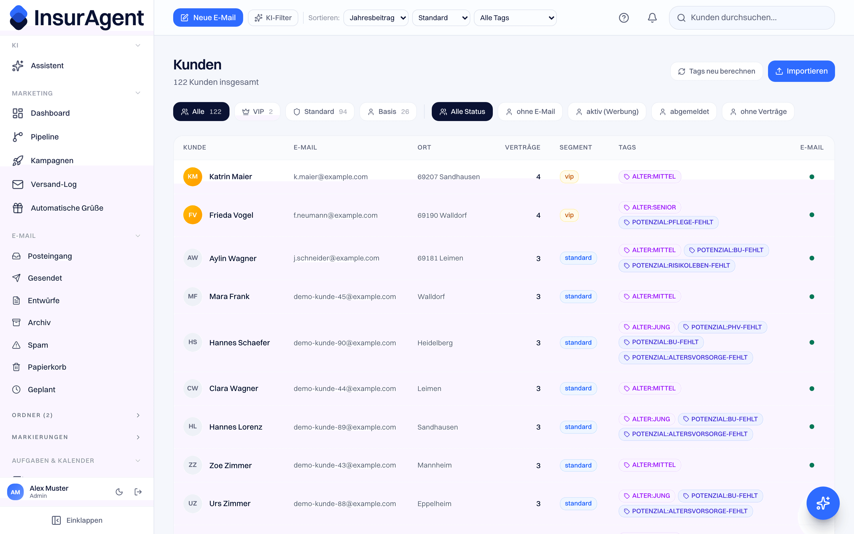 Kundenstamm nach dem Import mit Segmenten, Filtern und KI-Filter