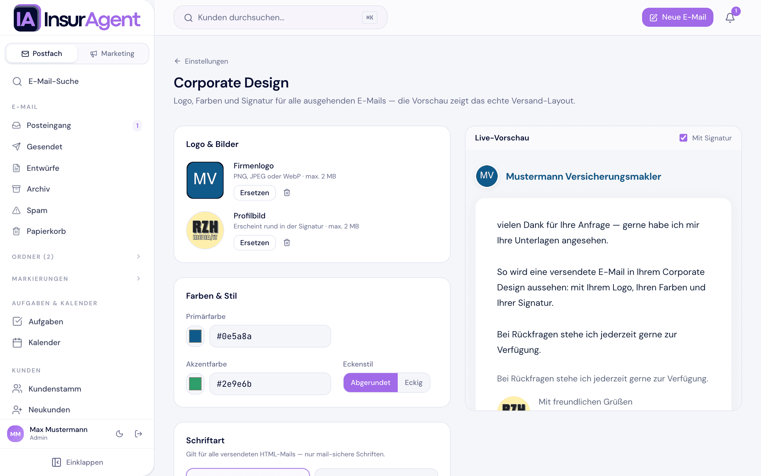 Corporate-Design-Studio mit Live-Mail-Vorschau